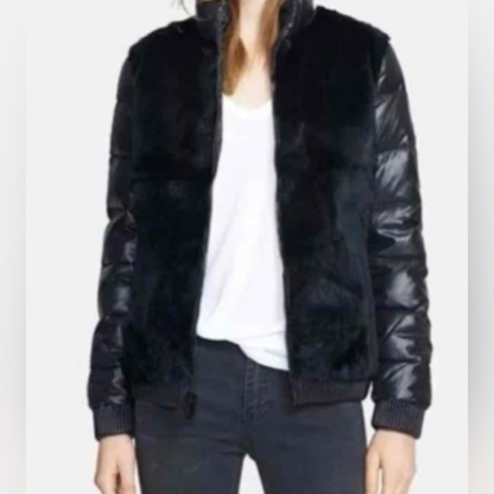 Elizabeth and James | Austin black puffer jacket down fill front rabbit fur XS
